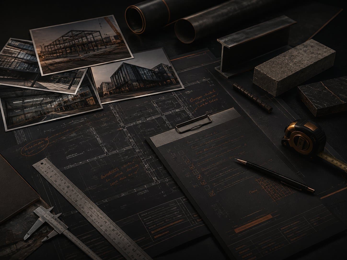 Technical assessment documentation — blueprints, project photos and construction tools
